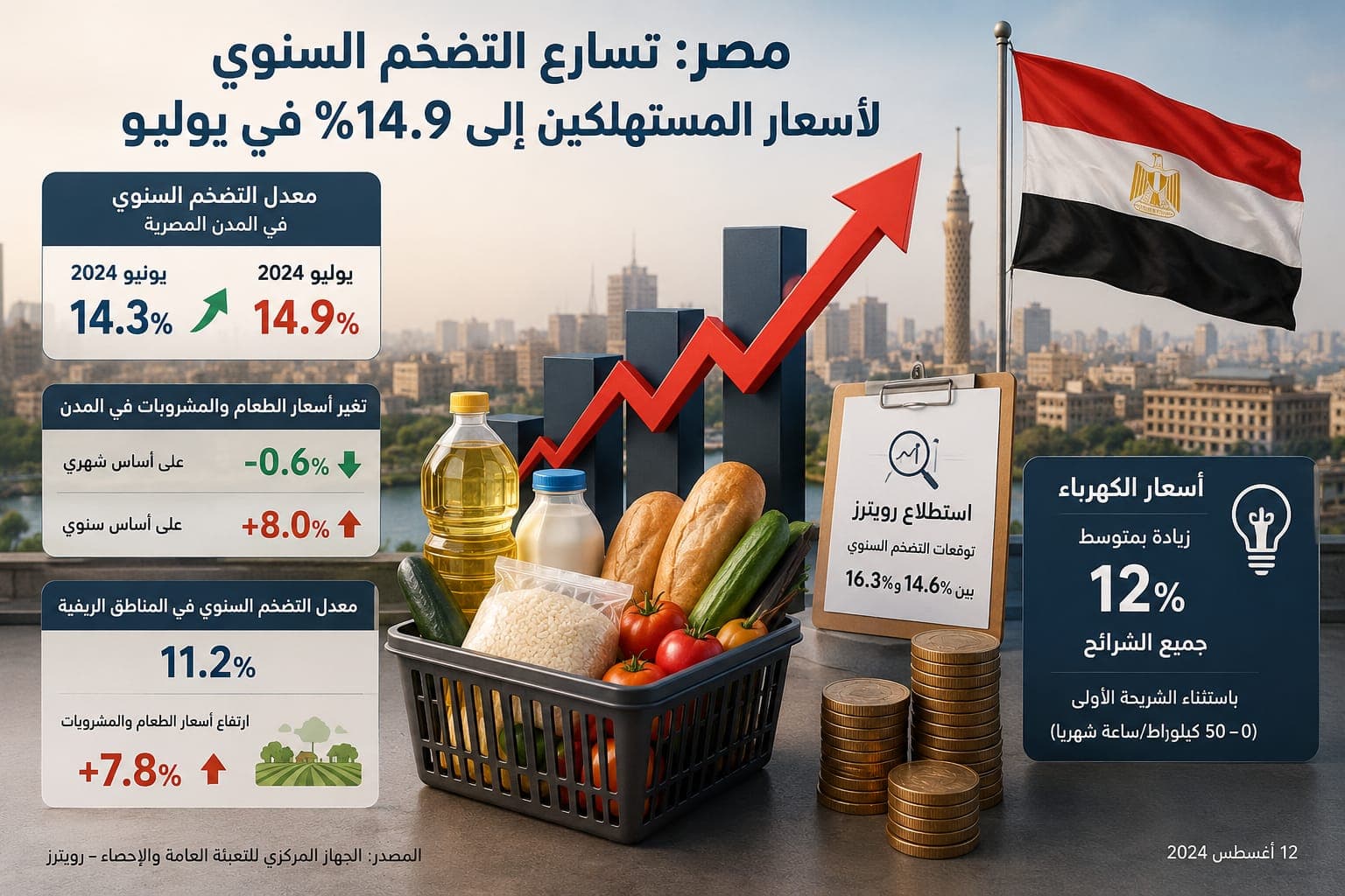 مصر: التضخم السنوي يرتفع إلى 14.9%