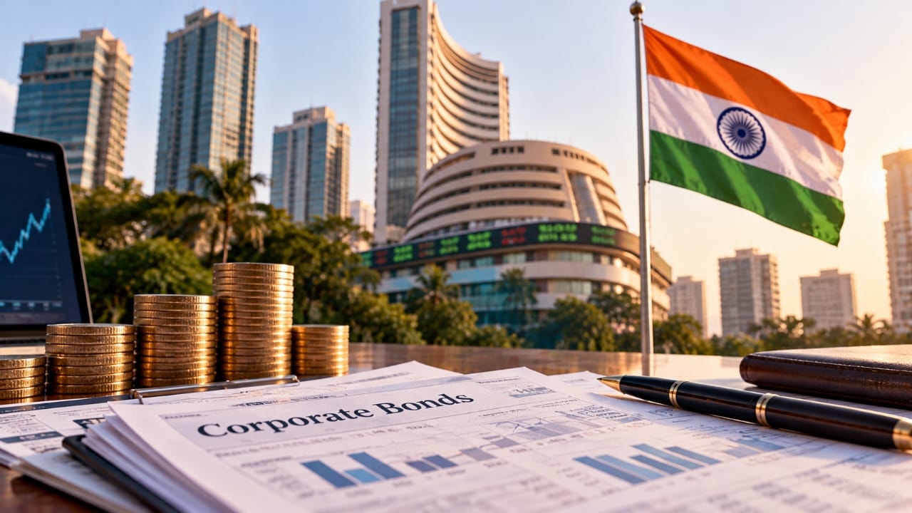 AI-generated illustration of the Indian flag, corporate bond documents, stacks of coins and financial charts, symbolizing the potential record growth of corporate bond issuance in India