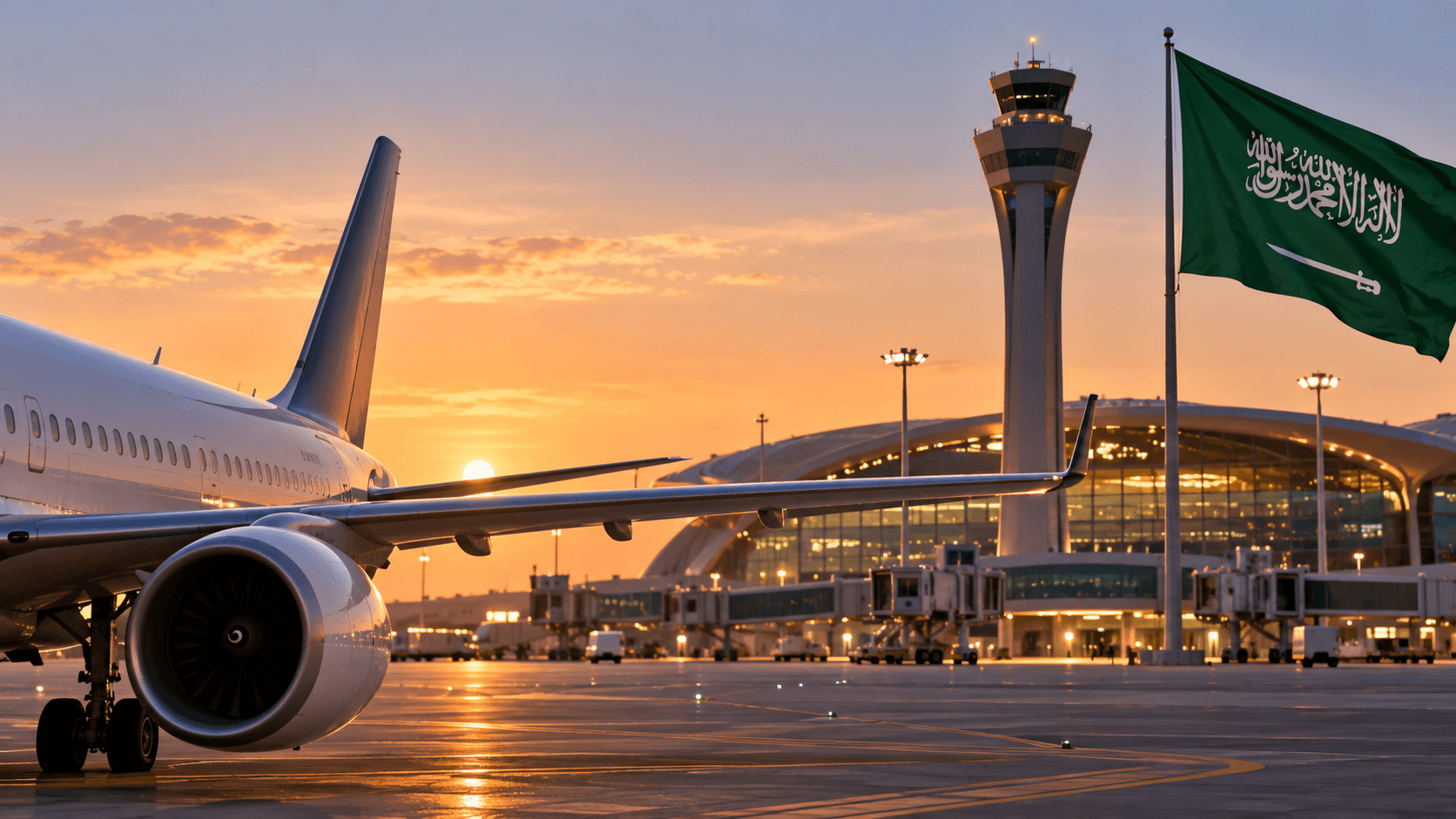 AI-generated illustration of an airplane at Riyadh's King Khalid International Airport, featuring an airport terminal, control tower, and Saudi Arabian flag at sunset, symbolizing the resumption of international flights.