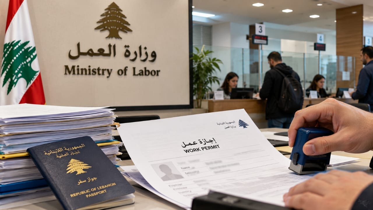 AI-generated illustration of a Lebanese Ministry of Labor service office, showing a work permit application being stamped, administrative documents and a Lebanese passport, symbolizing efforts to simplify work permit procedures.