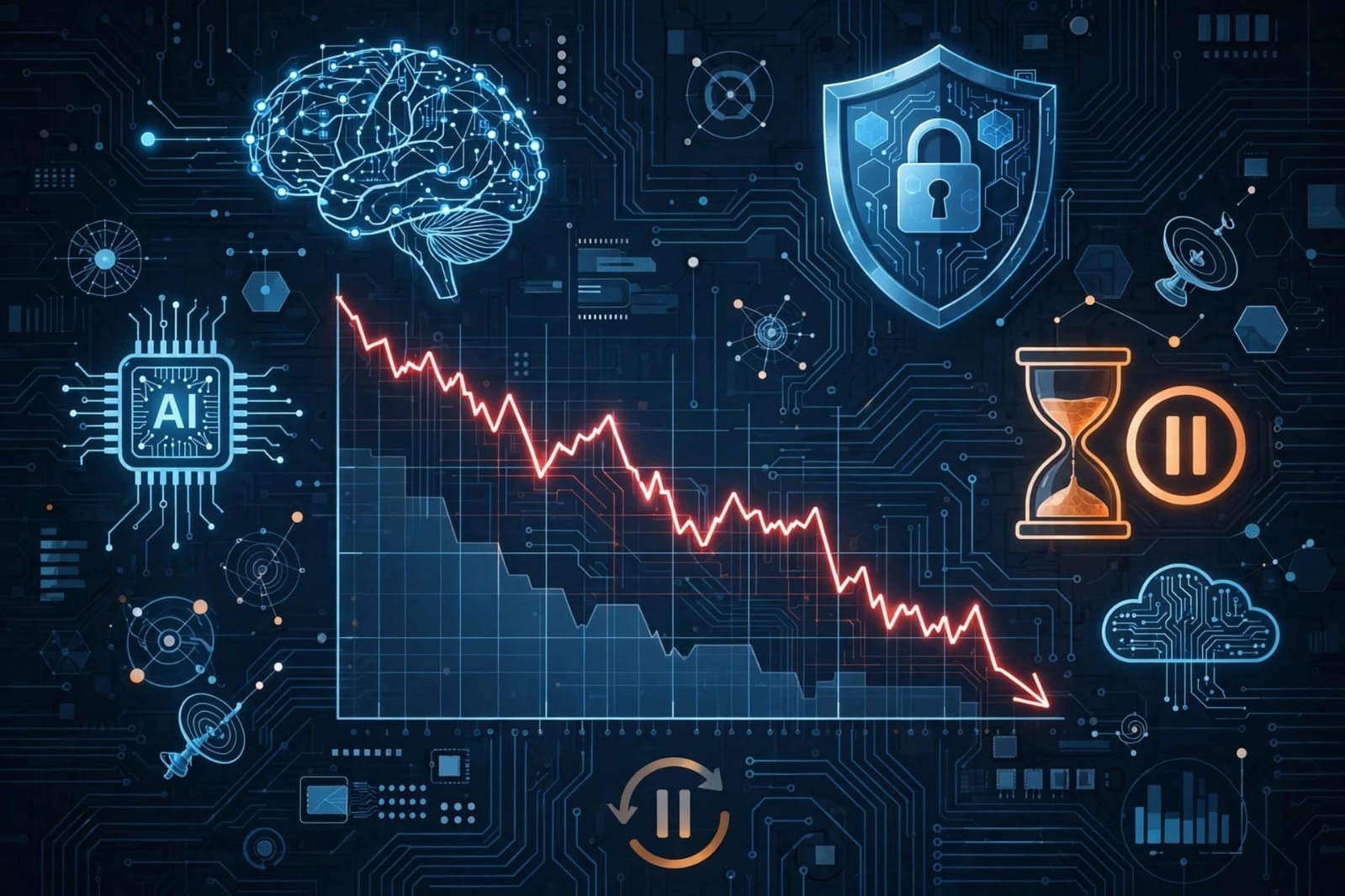 Futuristic graphic with AI brain, security shield, and falling stock chart symbolizing delayed AI IPO over safety concerns.