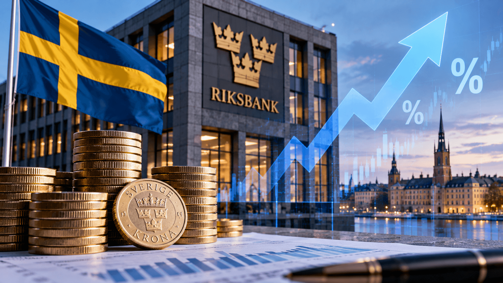 AI-generated illustration of the Swedish flag, Riksbank building, Swedish krona coins and an upward financial chart, symbolizing expectations of two interest rate hikes in Sweden by March 2027.