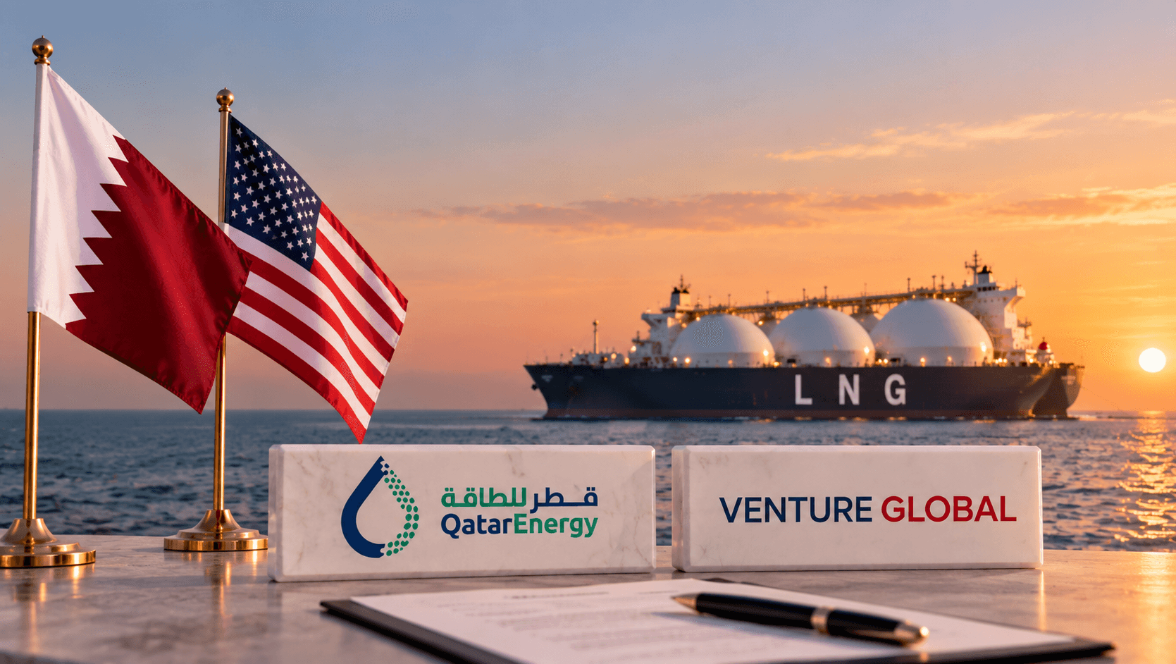 AI-generated illustration of an LNG carrier at sunset, with the Qatari and American flags, Qatar Energy and Venture Global logos, and a contract symbolizing negotiations over a potential long-term LNG supply agreement.