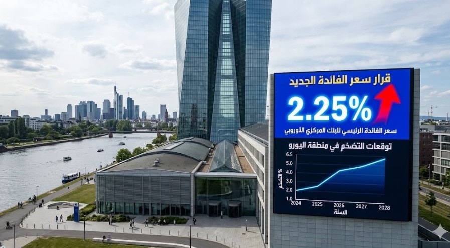 مبنى البنك المركزي الأوروبي في فرانكفورت، مع شاشة رقمية خارجية تظهر نسبة الفائدة الجديدة 2.25% وسهم أحمر صاعد