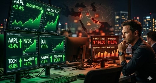 صورة مركّبة تعبّر عن التوتر بين الصعود في الأسواق والمخاطر الاقتصادية