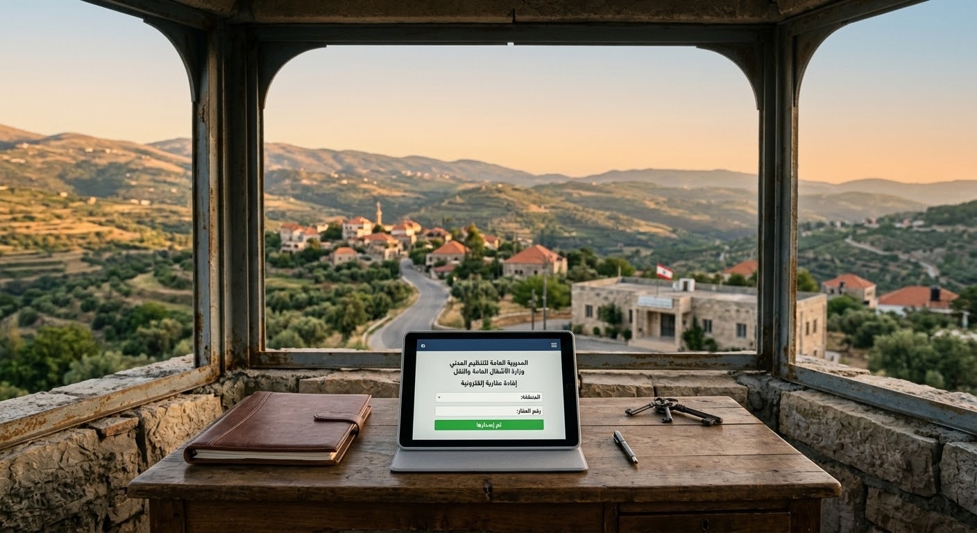 A digital tablet displaying an electronic document on a wooden desk, with scenic hills and buildings of South Lebanon visible through the window.
