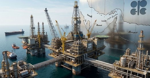 منشآت نفطية في الخليج مع رموز أوبك وخريطة مضيق هرمز في الخلفية وسط توترات سوق الطاقة العالمية