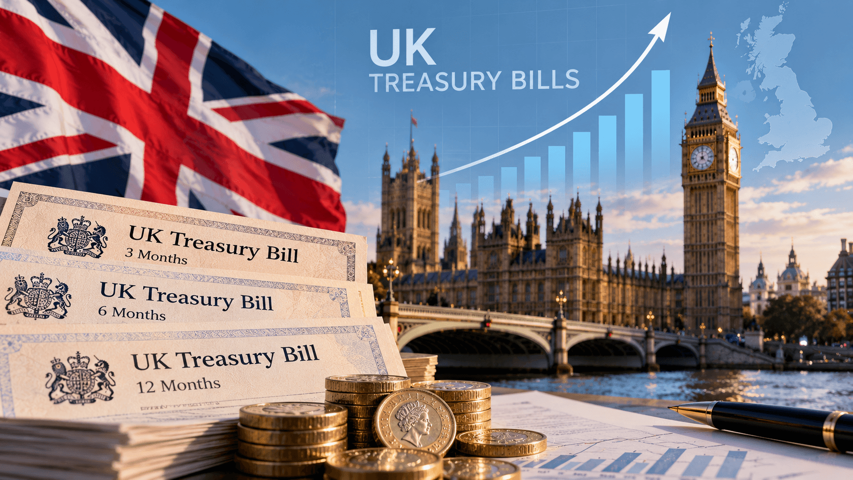 AI-generated illustration of UK Treasury bills with 3, 6, and 12-month maturities, British pound coins, the Union Jack, and London's Big Ben, representing the expansion of short-term government debt issuance.