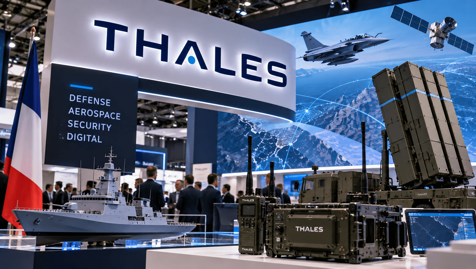 AI-generated illustration of a Thales defense and aerospace exhibition display featuring military radar systems, an armored vehicle, a fighter jet, a rocket and a French flag, symbolizing growing demand for defense technologies.