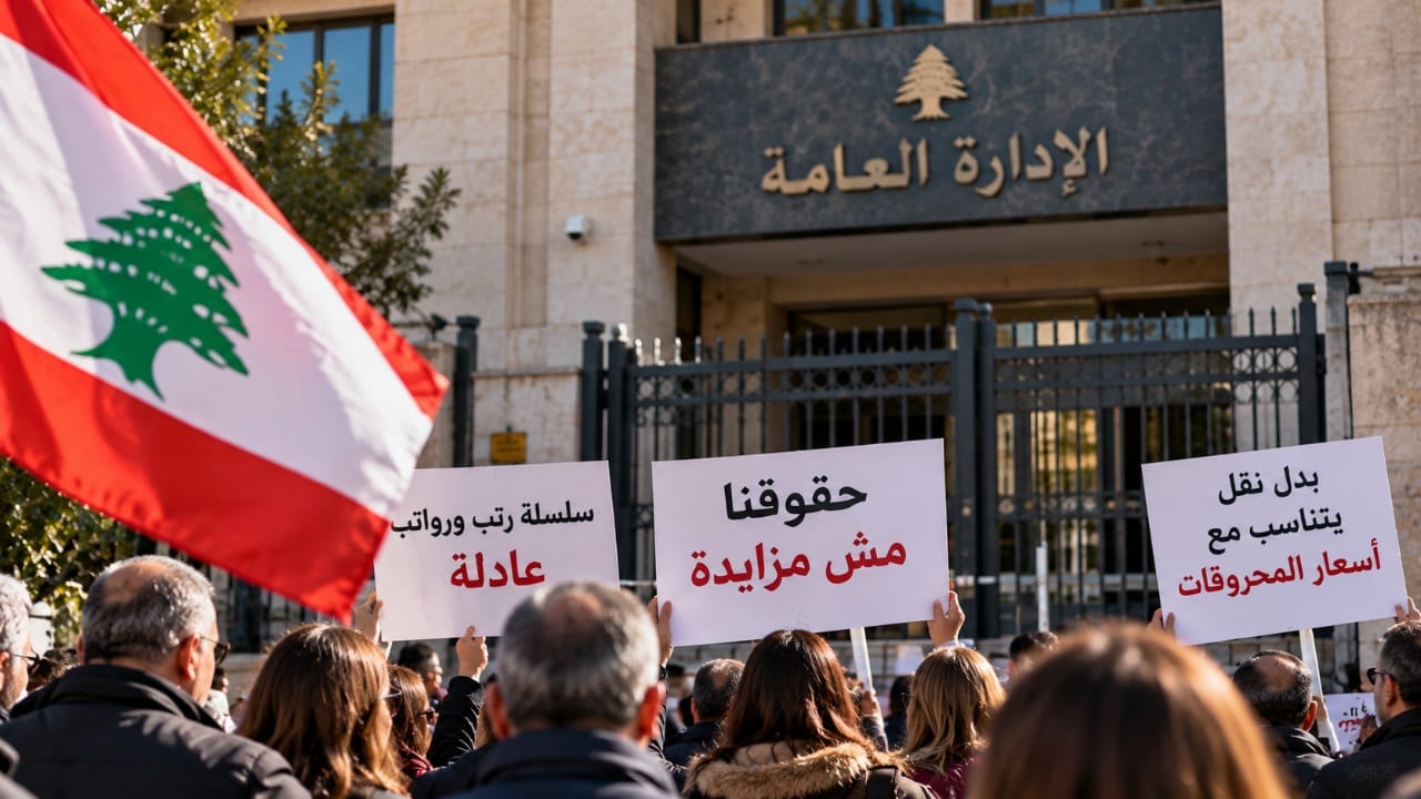 AI-generated illustration of Lebanese public sector employees holding signs demanding fair salaries, improved transport allowances and better working conditions outside a closed government building in Lebanon