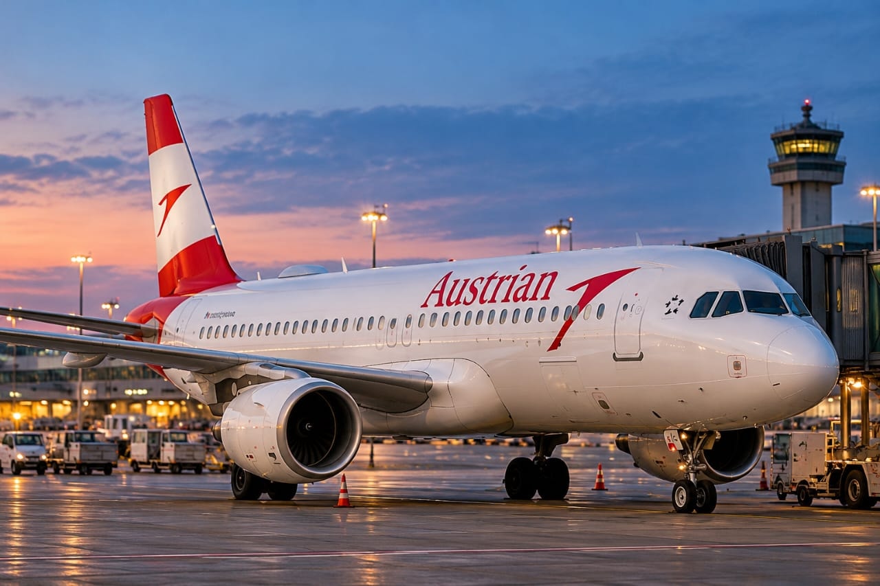 AI-generated illustration of an Austrian Airlines aircraft at an airport, representing a flight diverted to Sofia following a security threat