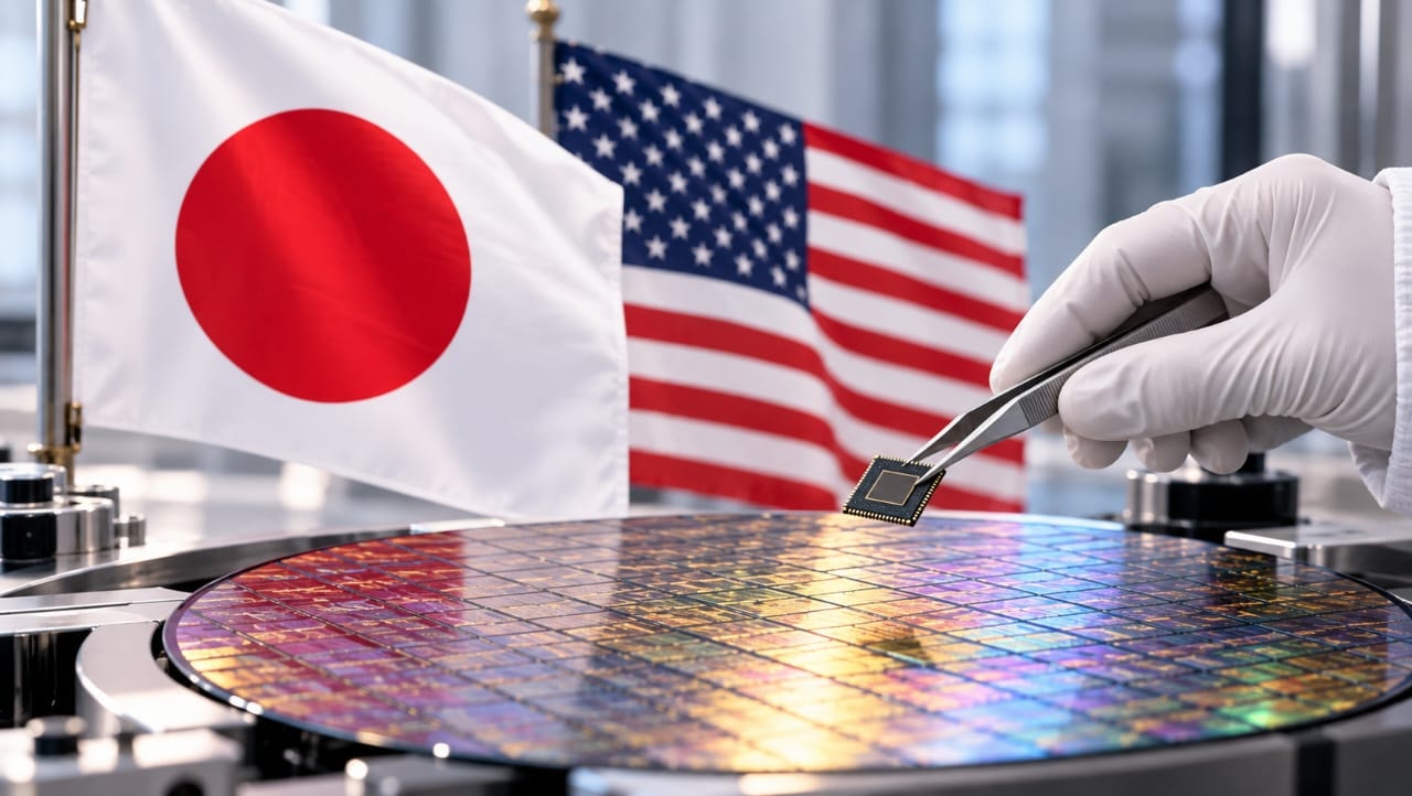 AI-generated illustration of a semiconductor chip held above a silicon wafer, with Japanese and American flags in the background, symbolizing Japan's investment in the US semiconductor industry.