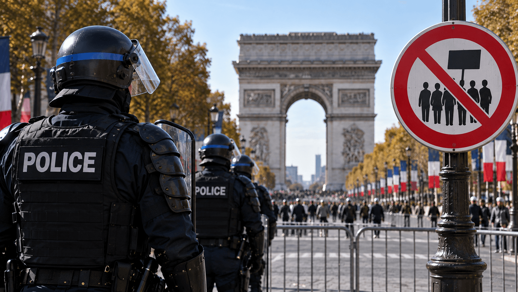 AI-generated illustration of French police officers behind security barriers on the Champs-Elysées in Paris, with the Arc de Triomphe and a no-protest sign, symbolizing restrictions on demonstrations.