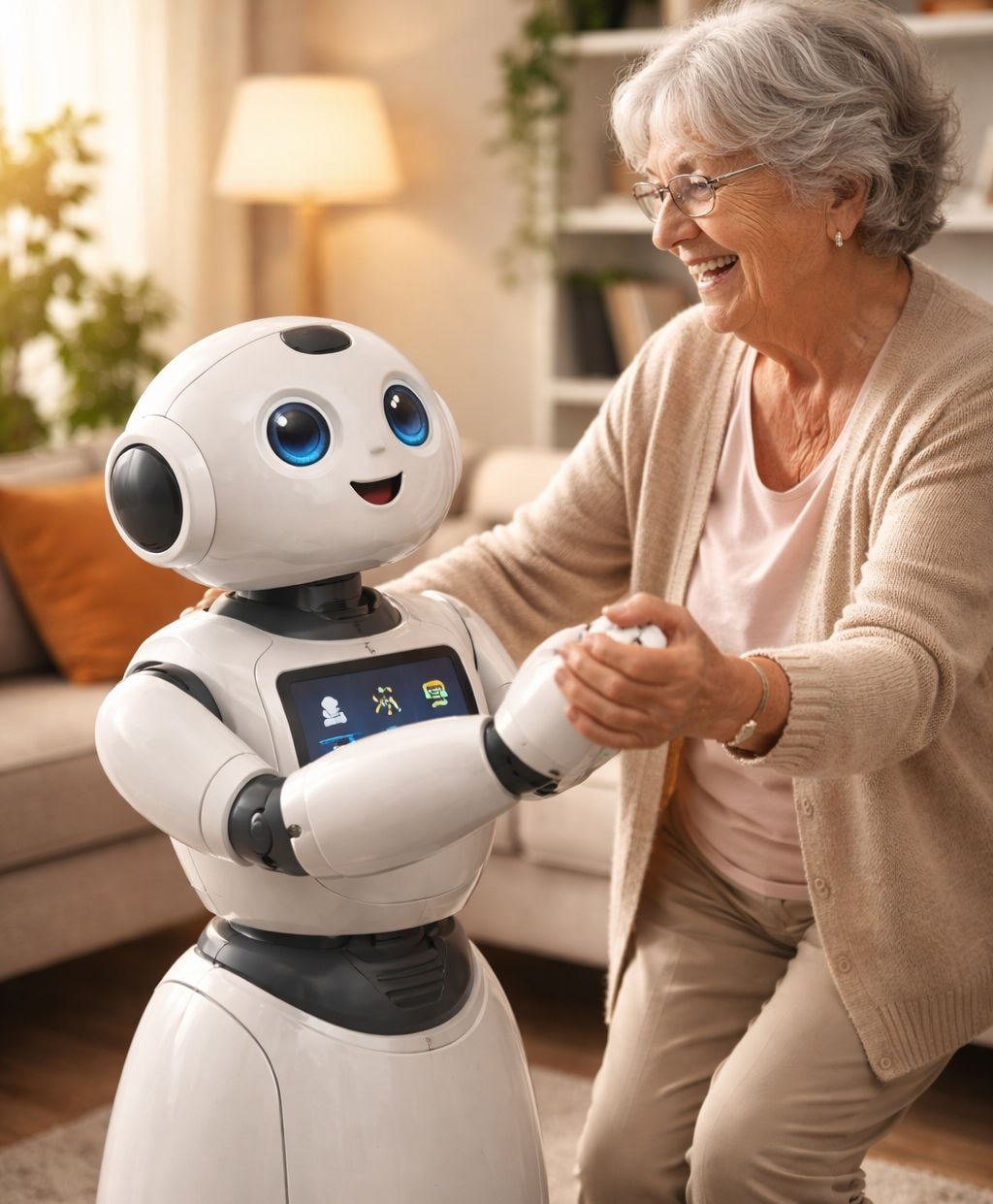  روبوت ودود يرقص مع مسن في غرفة معيشة دافئة بمدينة برشلونة، مما يوفر الدعم والمرافقة