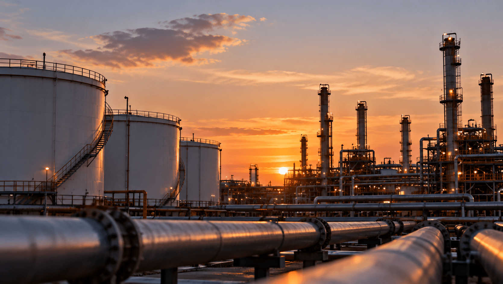 AI-generated illustration of an oil refinery with large fuel storage tanks, processing towers and pipelines at sunset, symbolizing concerns over global fuel shortages and refinery maintenance through mid-2027.