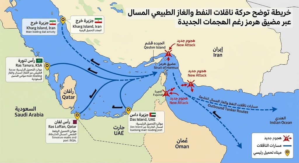 خريطة توضح مضيق هرمز مع أسهم حمراء تشير إلى مواقع الهجمات الجديدة، وخطوط زرقاء توضح مسارات ناقلات النفط والغاز المسال الخارجة من المضيق، مع علامات على موانئ التحميل الرئيسية (رأس تنورة، رأس لفان، جزيرة داس، جزيرة خرج)