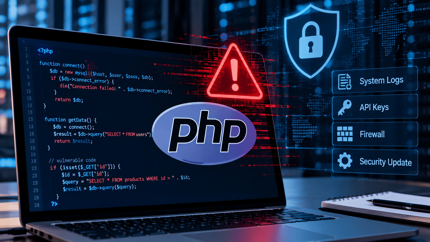 AI-generated illustration of a laptop displaying PHP code, the PHP logo, a red security warning symbol, and digital icons representing system logs, API keys, firewalls, and security updates.