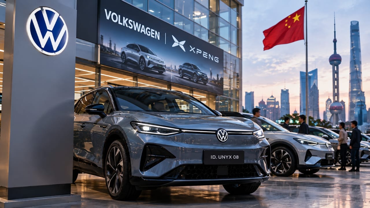 AI-generated illustration of a Volkswagen ID. UNYX 08 electric SUV outside a showroom featuring Volkswagen and Xpeng branding, with the Chinese flag and Shanghai skyline in the background, symbolizing Volkswagen's challenges in China's electric vehicle market.