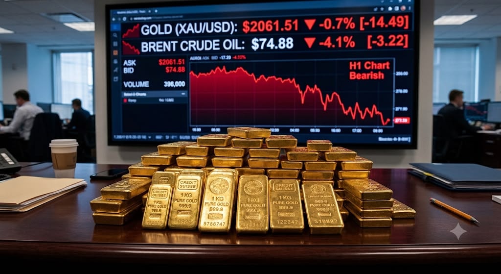 سبائك ذهب مكدسة على طاولة، مع شاشة تداول خلفية تظهر أرقاماً حمراء  انخفاض لأسعار الذهب والنفط،