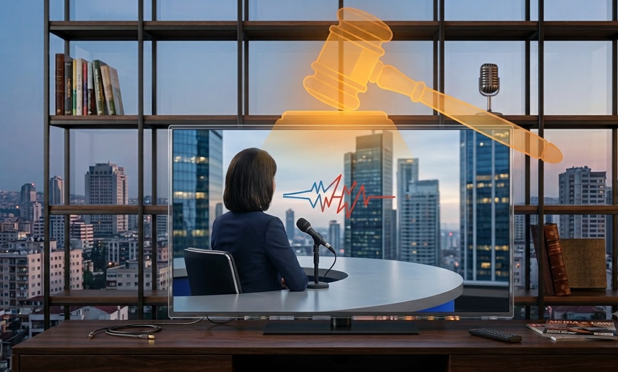 مذيعة تتحدث، ومطرقة قاضٍ فوق الشاشة ai