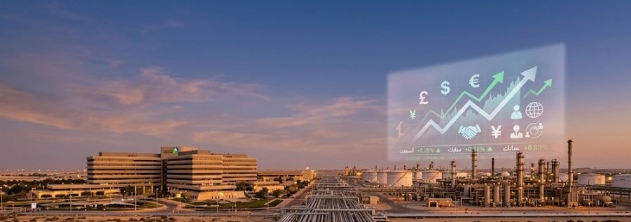 مقر أرامكو في الخلفية مع خطوط أنابيب نفط وخلفية تتضمن مؤشرات مالية