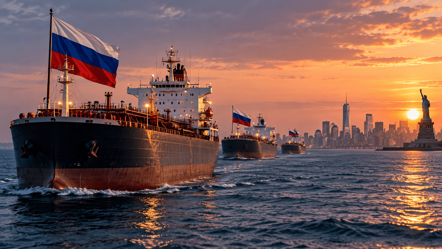 AI-generated illustration of three oil tankers carrying Russian flags sailing toward New York, with the city skyline and the Statue of Liberty in the background.