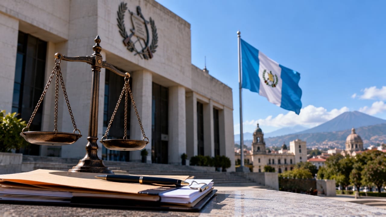  AI-generated illustration of justice scales and legal documents with a Guatemalan flag and government building in the background
