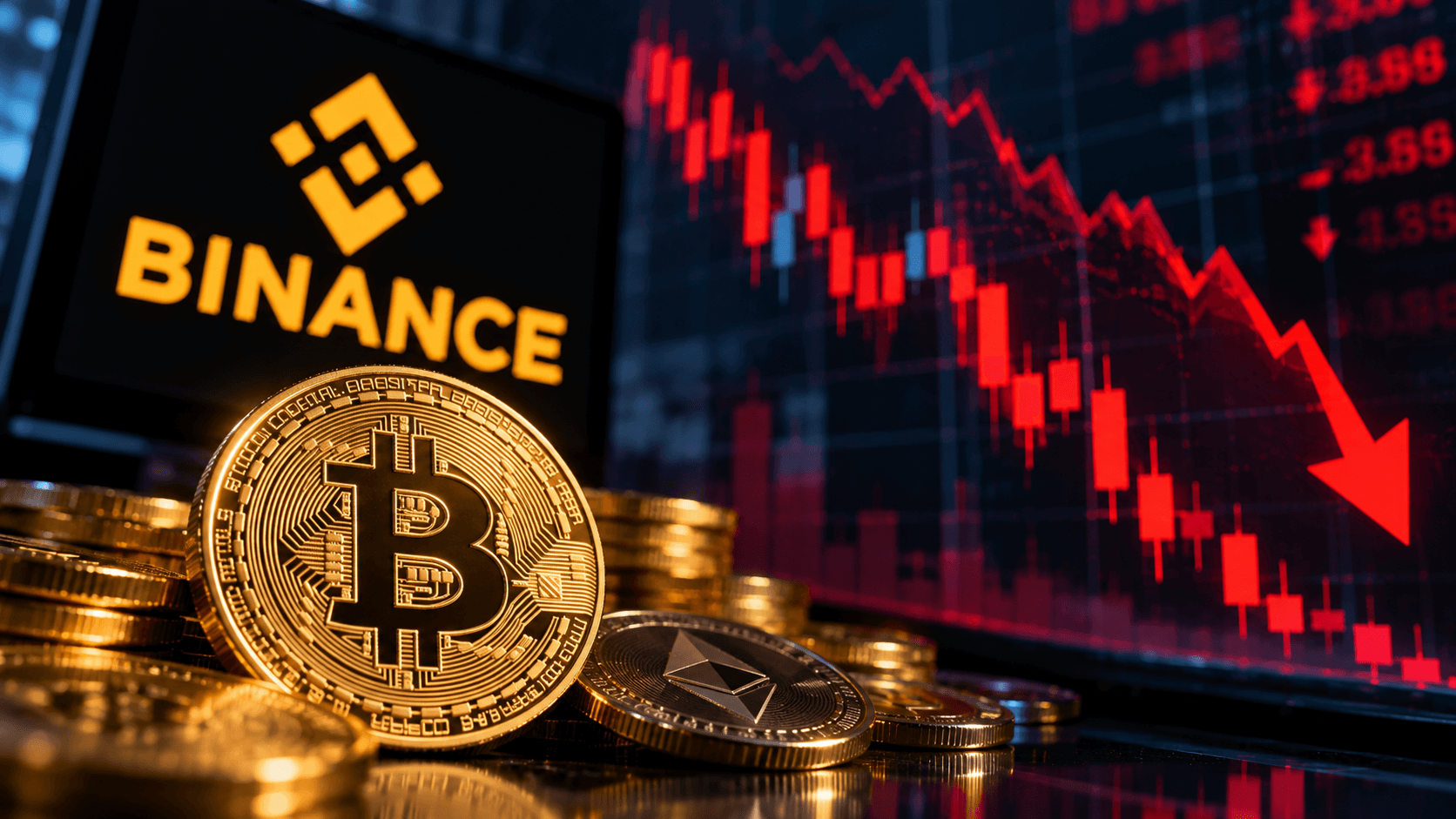 AI-generated illustration of Bitcoin and Ethereum coins, the Binance logo, and a declining cryptocurrency market chart with a red downward arrow.