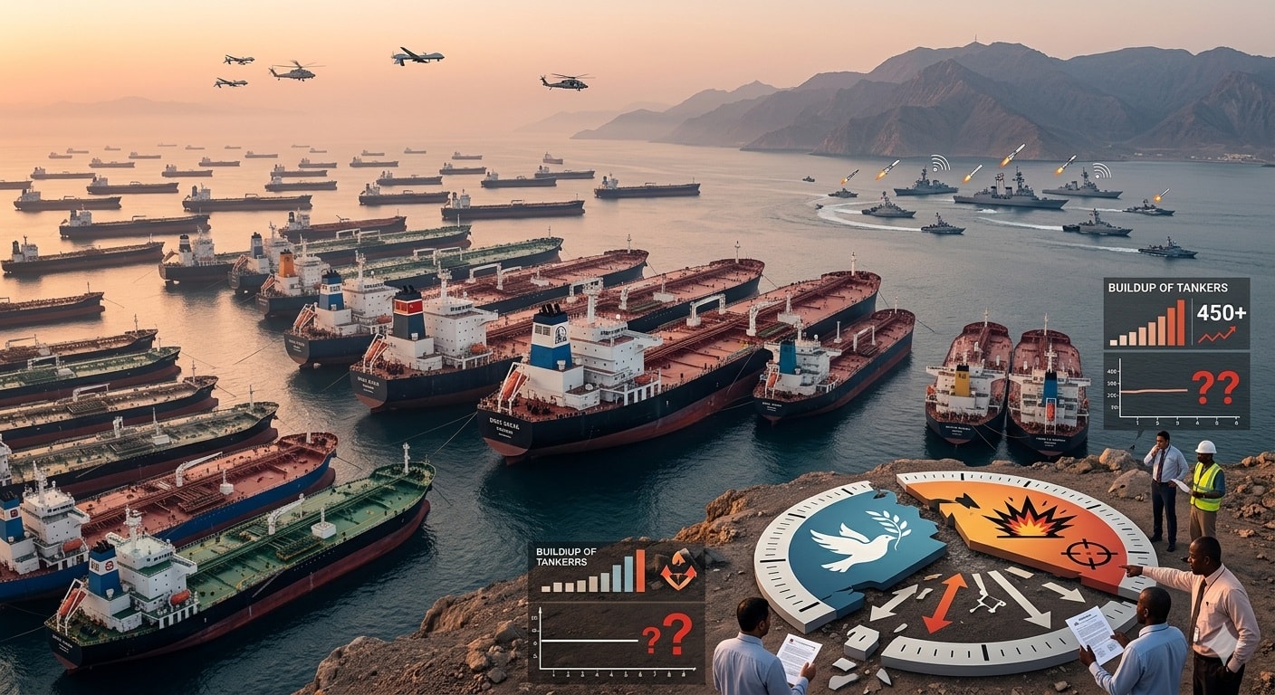 أسطول سفن عالق عند مضيق هرمز_صورة مولدة عبر الذكاء الاصطناعي