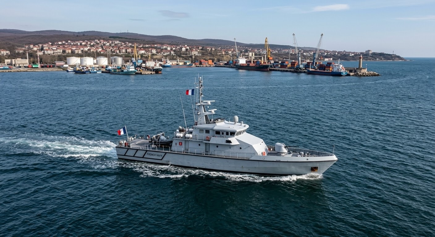wide-angle view of a French naval patrol boat navigating the open waters of the Black Sea near a coastal port .