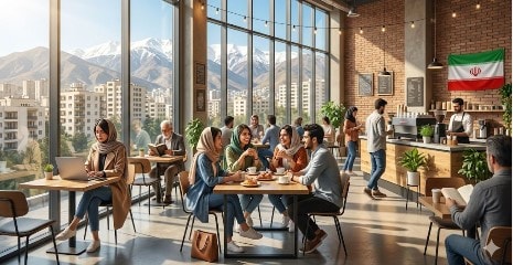 مقهى مزدحم في شمال طهران مع مشهد لحياة يومية طبيعية