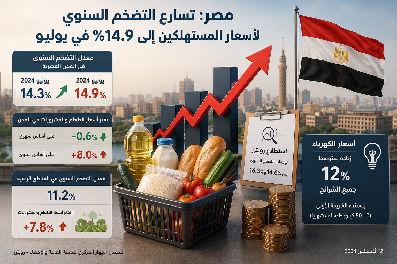Ai مصر: تسارع التضخم السنوي لأسعار المستهلكين إلى 14.9% في يوليو 