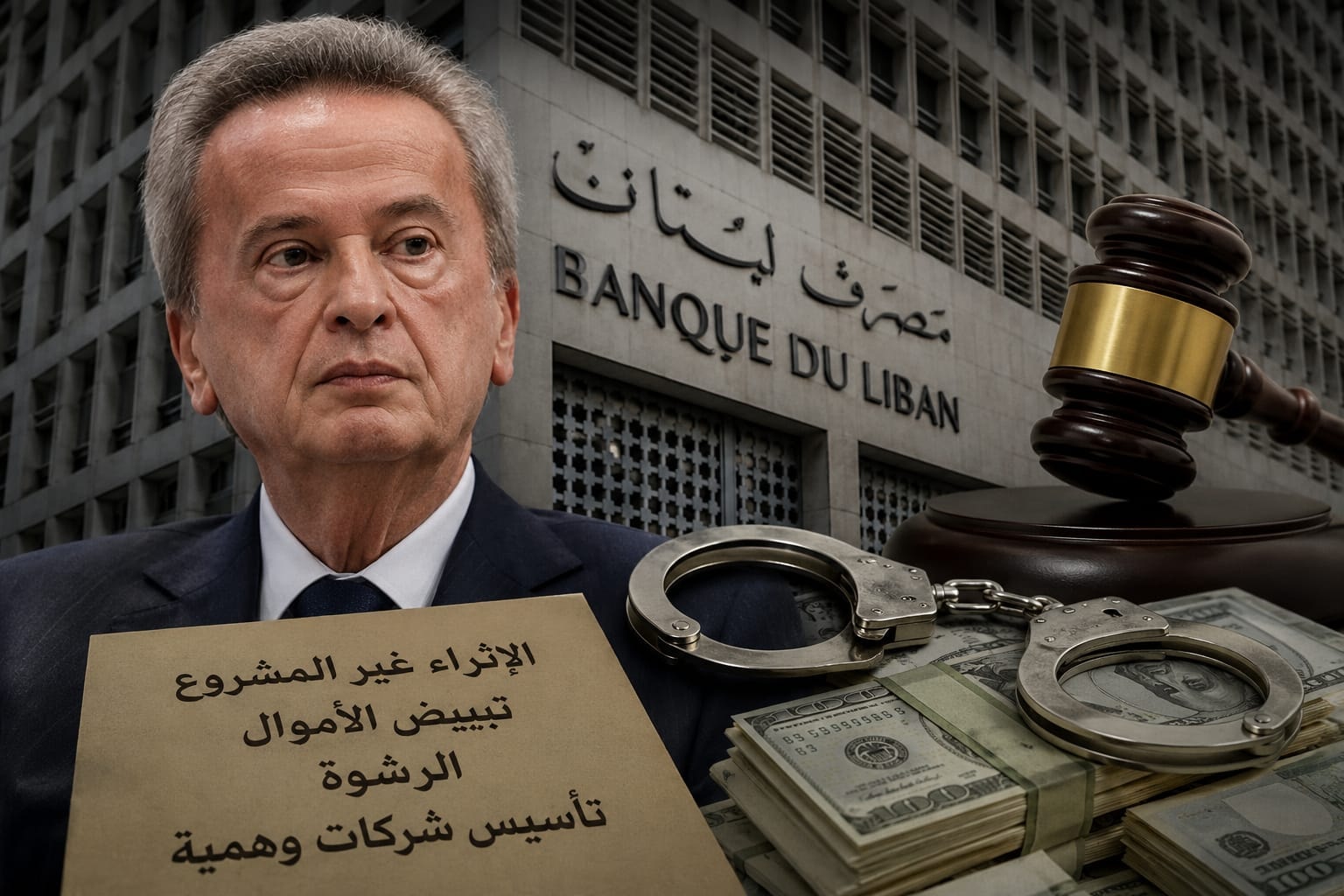 رياض سلامة أمام مبنى مصرف لبنان، إلى جانب رموز قضائية وأموال نقدية، في إشارة إلى الادعاء عليه بجرائم الإثراء غير المشروع وتبييض الأموال والرشوة وتأسيس شركات وهمية. Ai