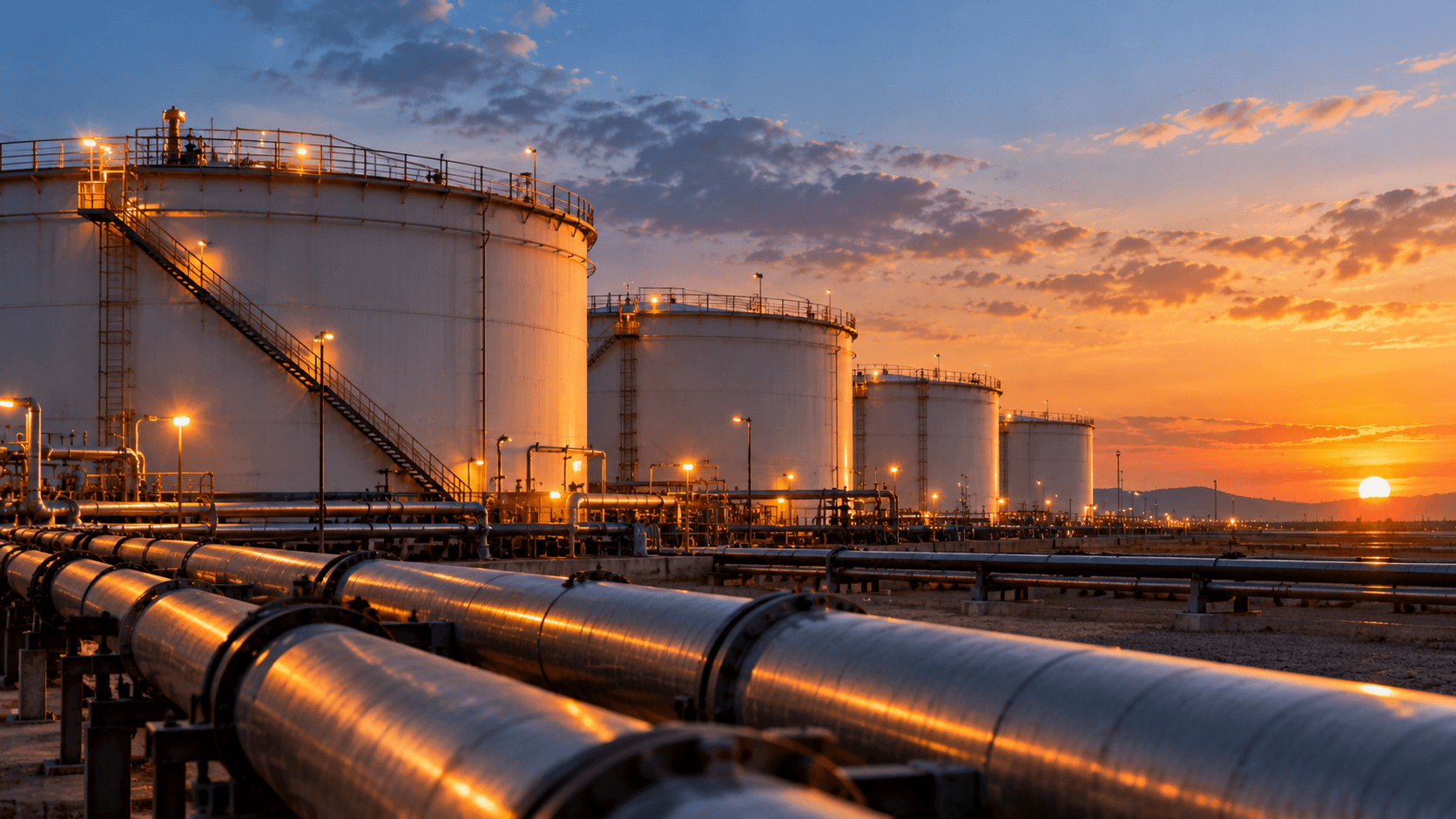 AI-generated illustration of large oil storage tanks and steel pipelines at sunset, representing the US Strategic Petroleum Reserve and oil lending program.