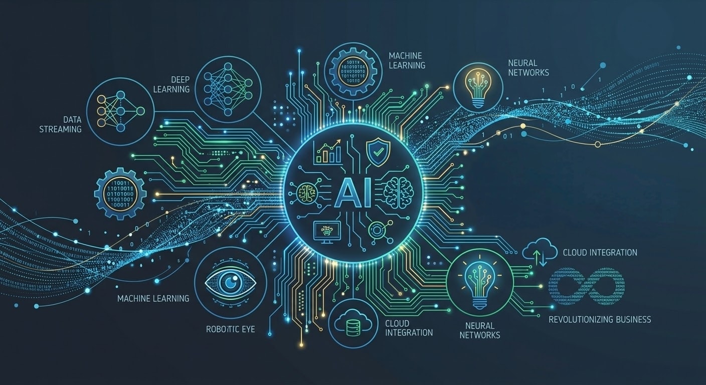  Abstract digital representation of artificial intelligence and technology featuring glowing circuit lines and connected neural networks.