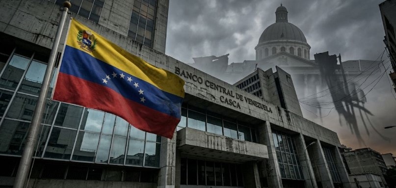مبنى البنك المركزي الفنزويلي في كاراكاس مع رمزية سياسية تعكس محادثات حول إعادة تشكيل مجلس إدارته