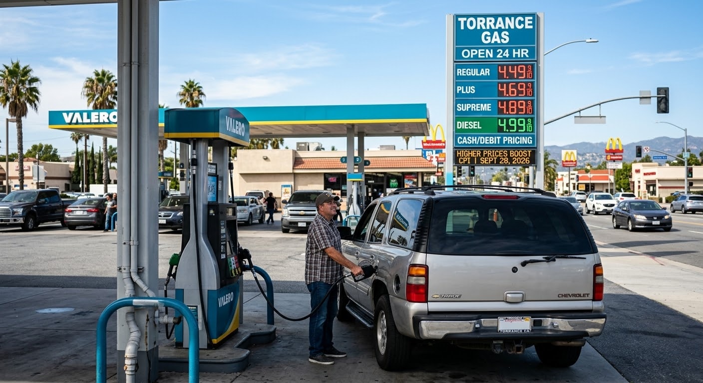 A driver refuels at a California gas station where higher gasoline prices are boosting US inflation.
