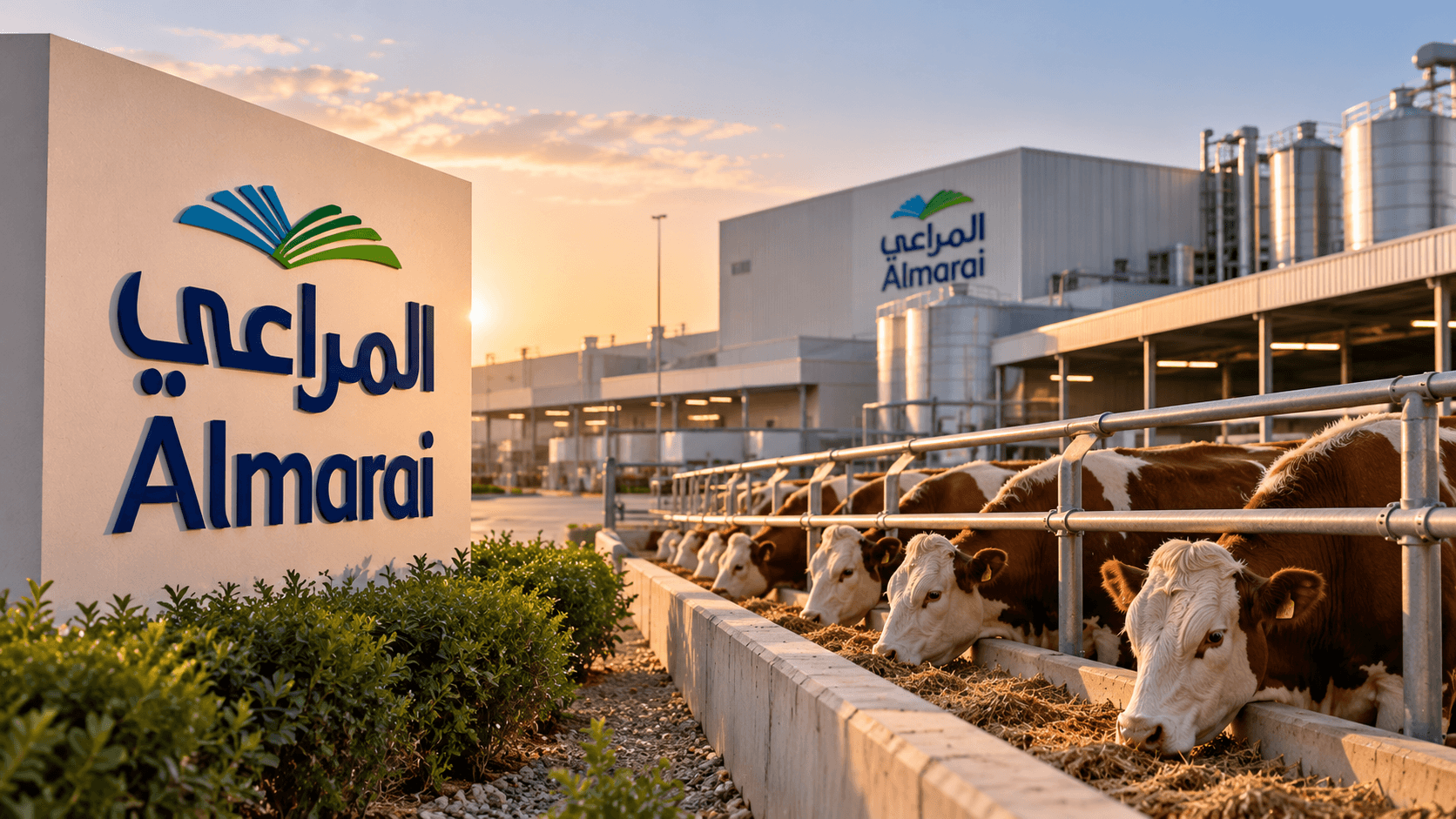 AI-generated illustration of cattle feeding near an industrial facility displaying Almarai branding, representing the Saudi company's expansion into the red meat market.