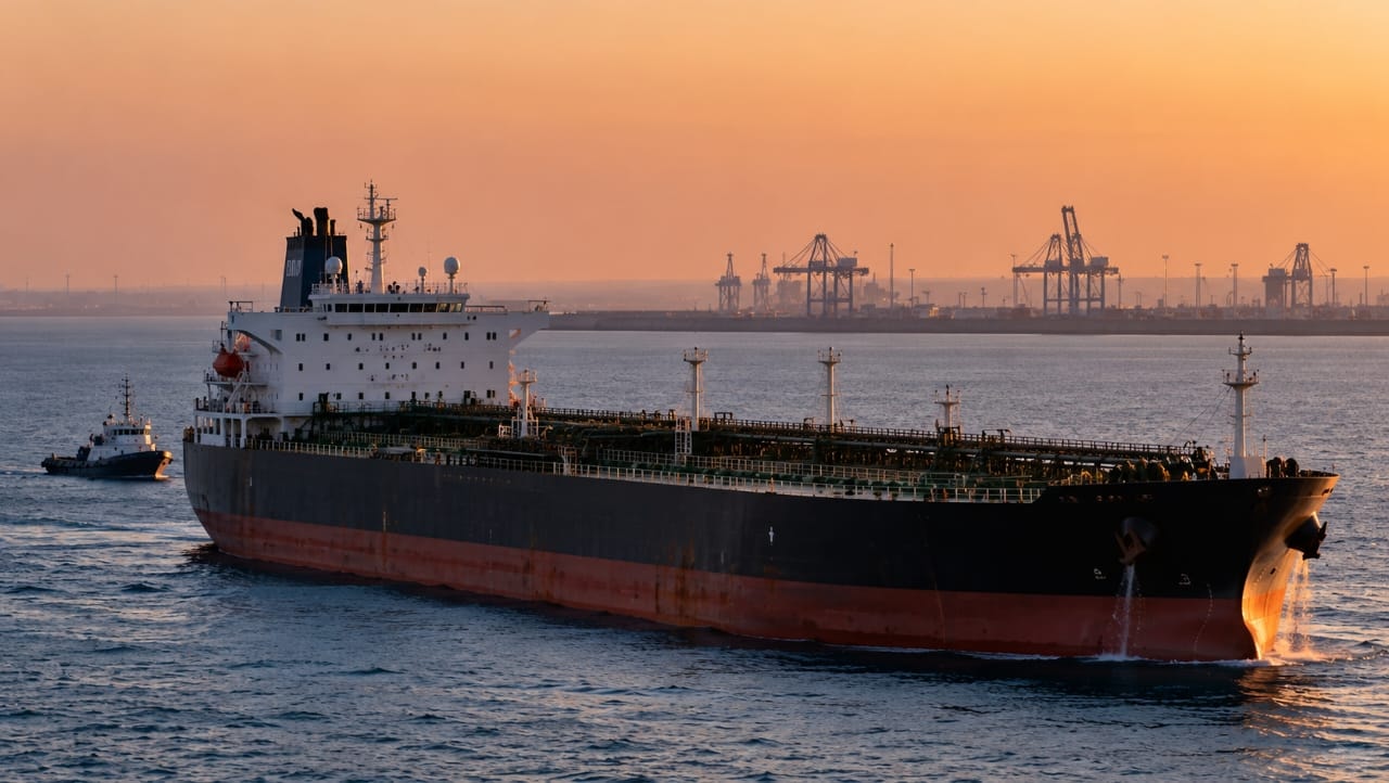 AI-generated illustration of a large oil tanker sailing near an industrial port at sunset, symbolizing maritime security concerns following a reported projectile strike near Iraq's Al-Faw port.