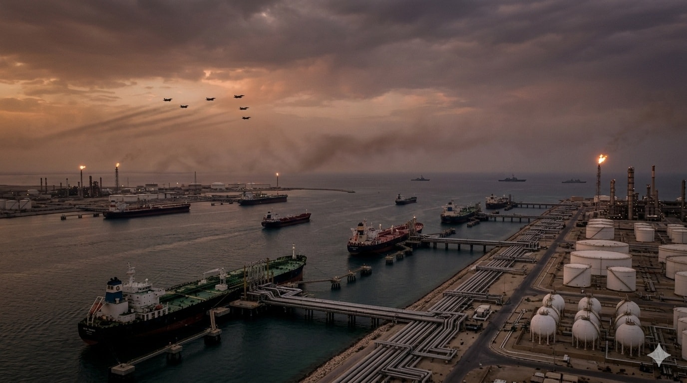صورة جوية لميناء نفطي إستراتيجي تظهر مصفاة تكرير وناقلات عملاقة وتحليق سرب من المقاتلات الحربية. (AI)
