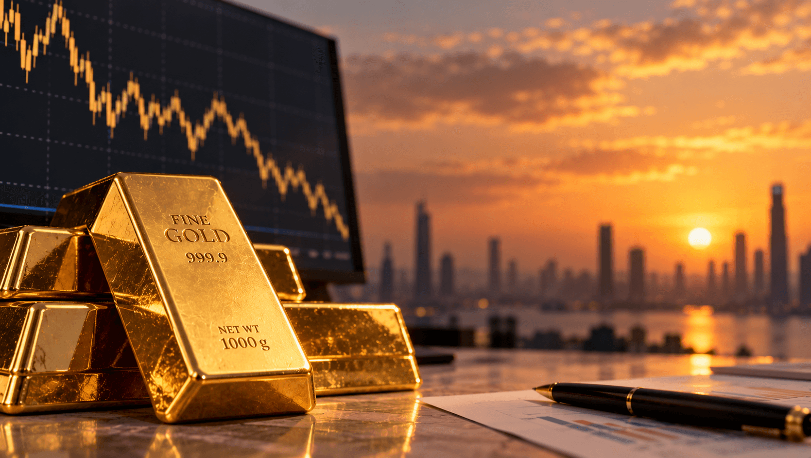 AI-generated illustration of gold bars beside a financial market screen displaying a downward price trend, symbolizing falling gold prices amid inflation concerns and uncertainty over Federal Reserve interest rates.