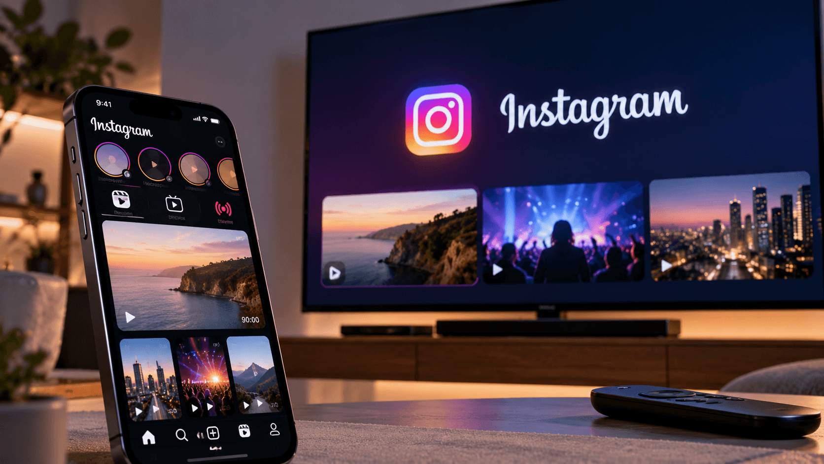 AI-generated illustration of Instagram displayed on a smartphone and television screen, representing its expansion into longer videos, episodic content, and TV streaming.