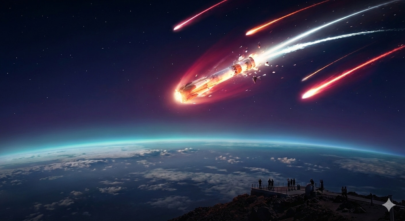 دراسة علمية تحذر من أن احتراق أجزاء الصواريخ في الغلاف الجوي يترك آثاراً كيميائية تهدد بيئة الأرض. (AI) 