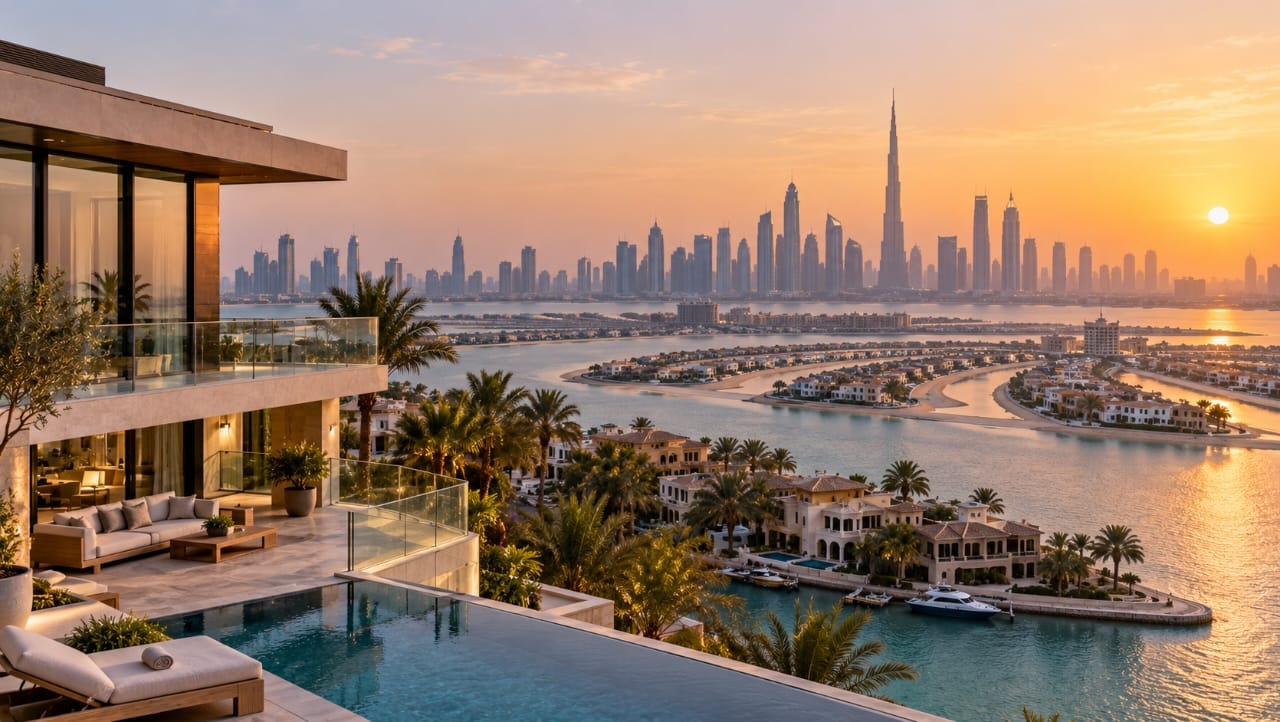 AI-generated illustration of luxury waterfront villas overlooking Palm Jumeirah and the Dubai skyline at sunset, symbolizing Dubai's high-end real estate market amid declining luxury home sales.
