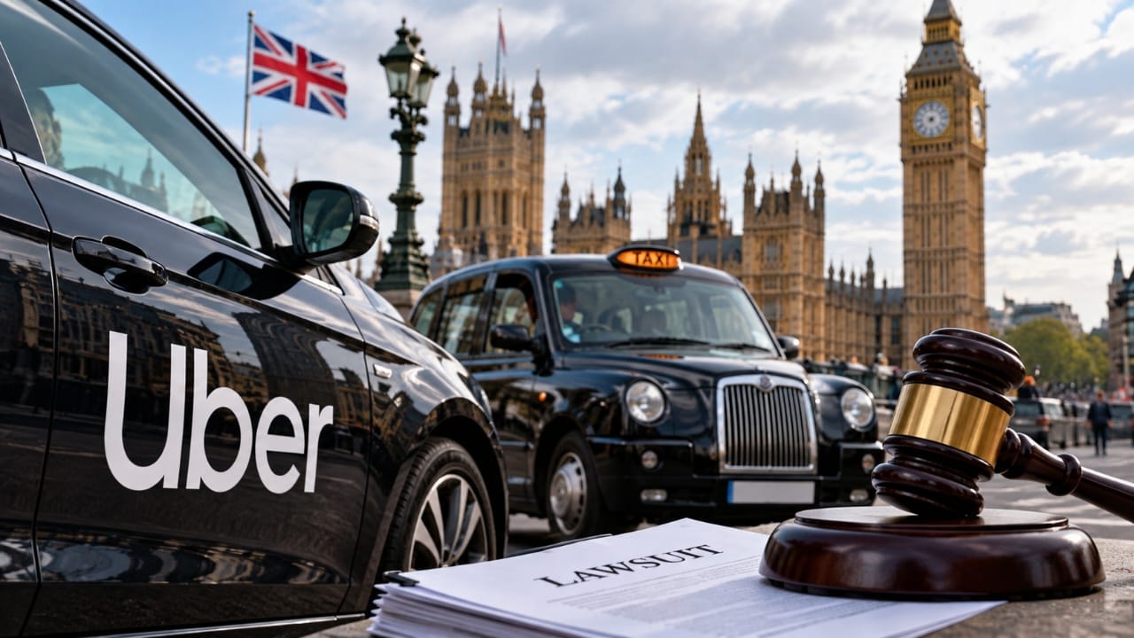 AI-generated illustration of an Uber vehicle, a traditional London black cab and a judge's gavel near Big Ben, symbolizing Uber's legal victory in a lawsuit brought by London taxi drivers