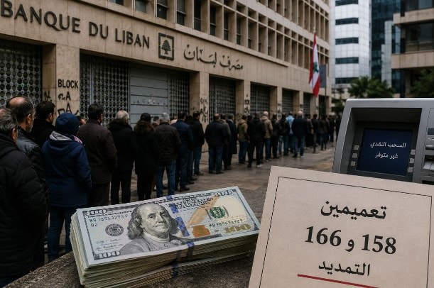 مبنى مصرف لبنان في بيروت مع طابور لمودعين أمام أحد فروع المصارف