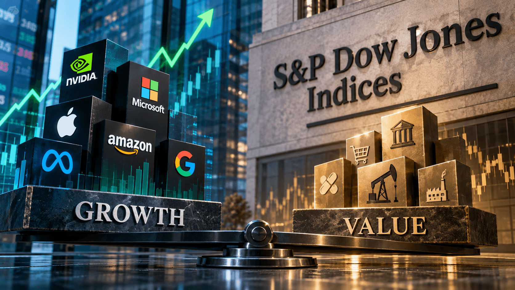 AI-generated illustration comparing growth and value stocks, featuring technology company logos, industry symbols, financial charts, and S&P Dow Jones Indices branding.