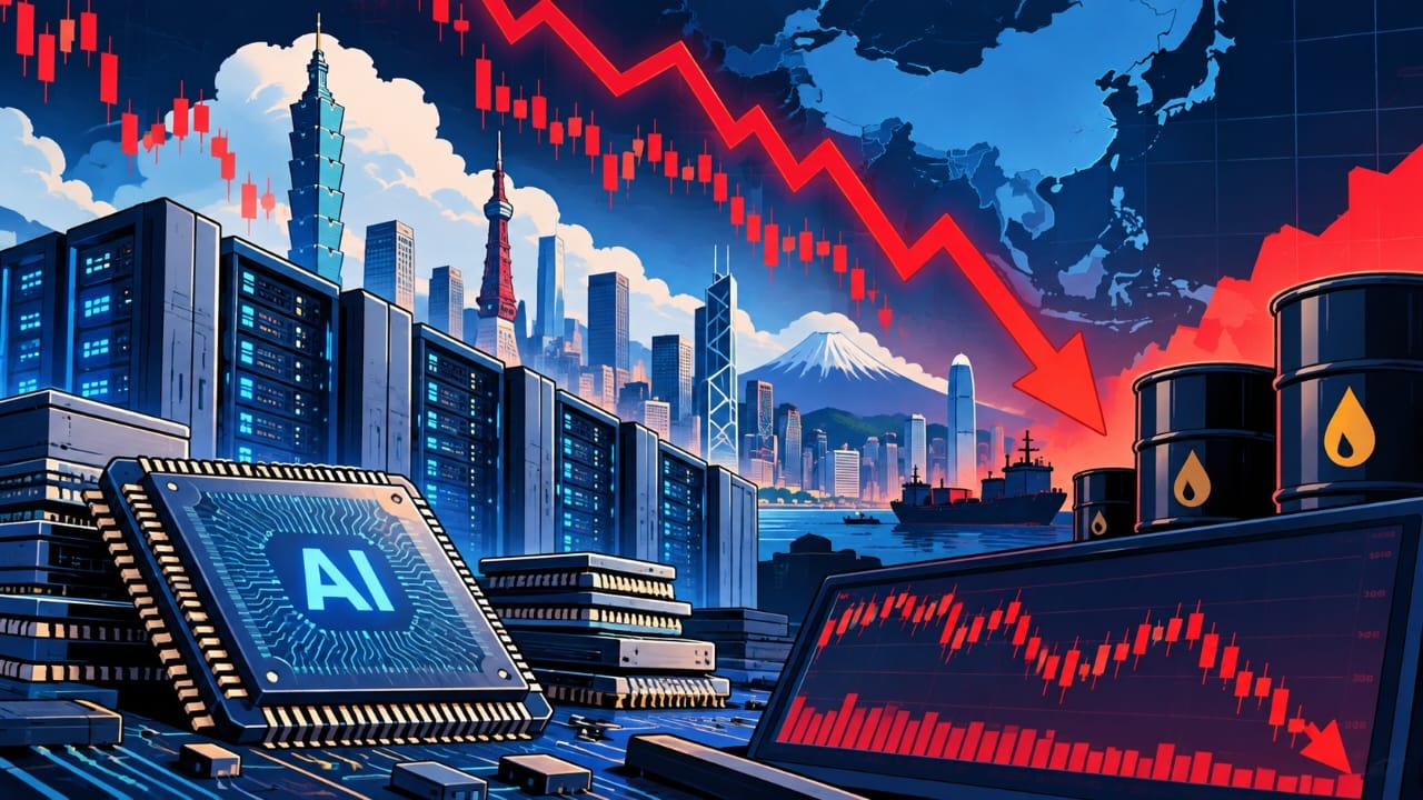 AI-generated illustration of semiconductor chips, data centers and falling stock market charts in Asia