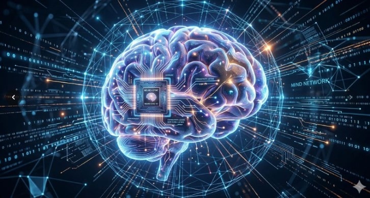 صورة مستقبلية لدماغ بشري متصل بشريحة إلكترونية رقمية.
