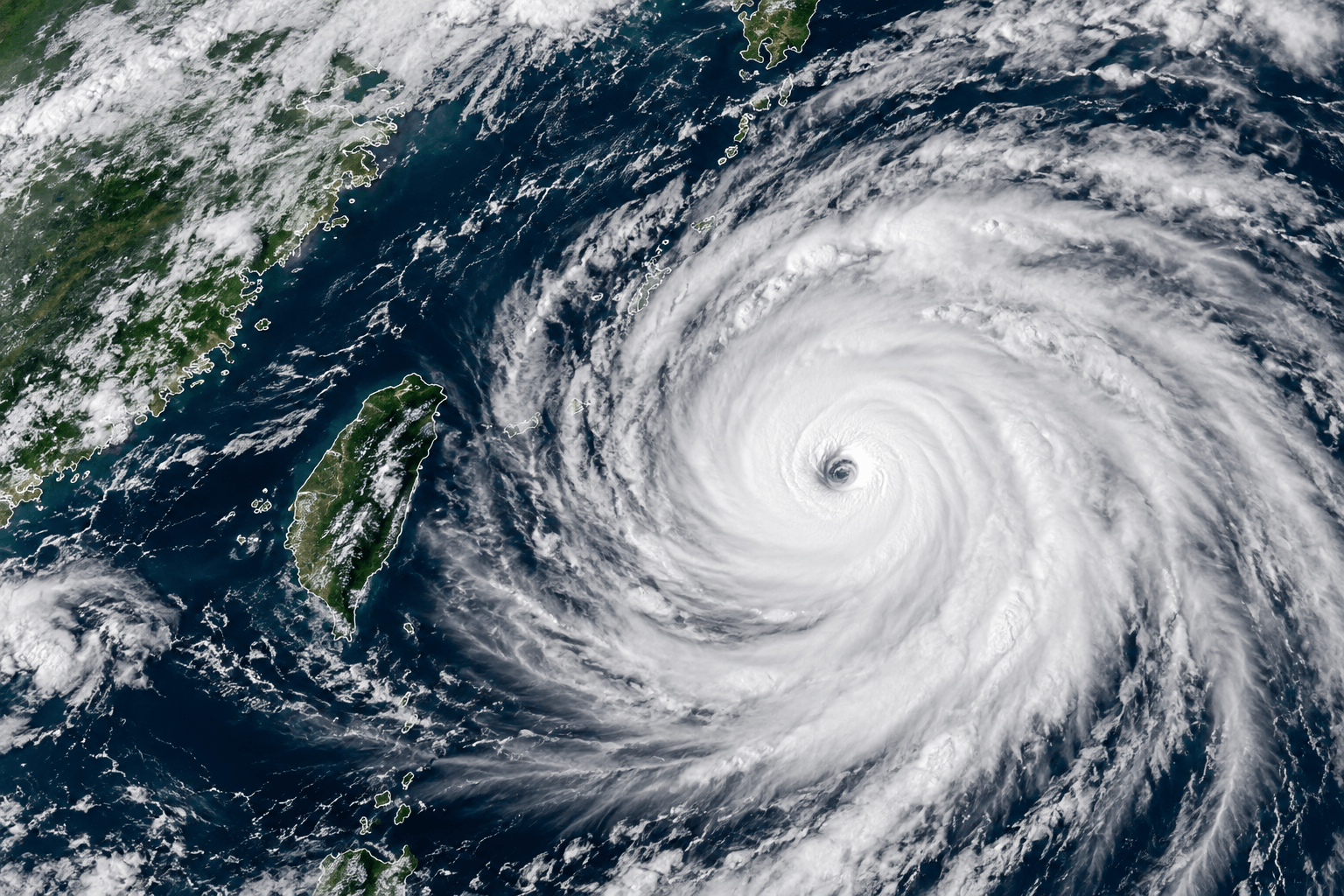 AI-generated illustration of Typhoon Champi approaching Taiwan, showing a powerful tropical cyclone with a clearly defined eye and swirling cloud bands over the Pacific Ocean.